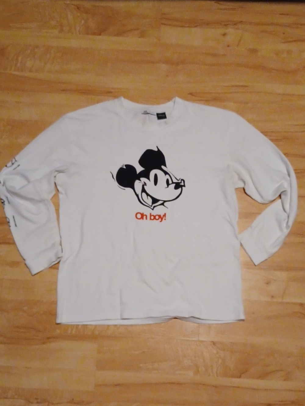 Zara White Long-Sleeve Tee with Black Mickey Graphic and Red Text